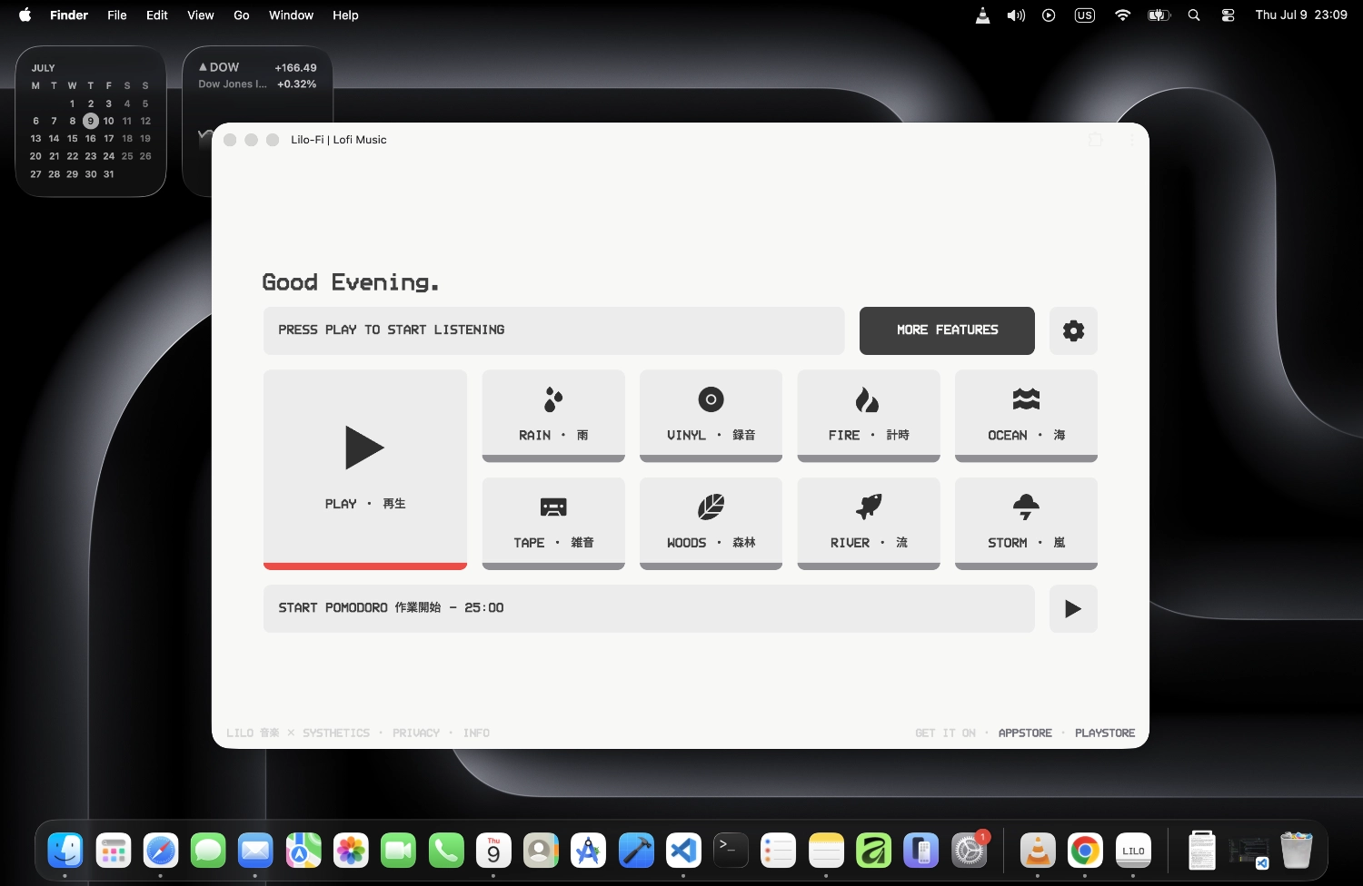 Lilo-Fi lofi Pomodoro timer showing a 25 minute countdown next to the live lofi stream player